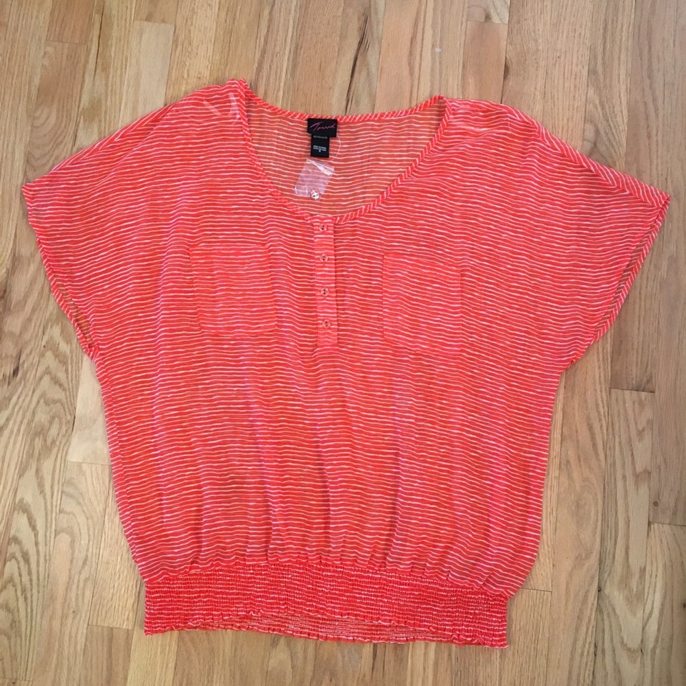 torrid Coral & White Striped Smocked-Hem Short Sleeve Tee